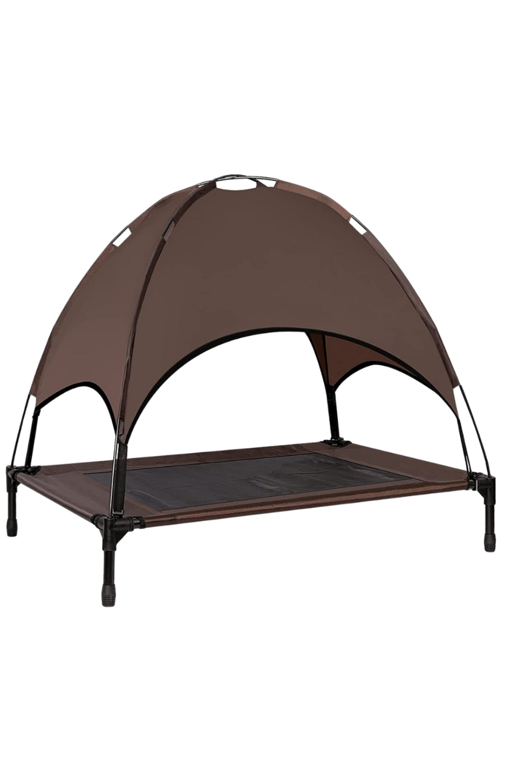 A raised pet bed with a fabric canopy over it